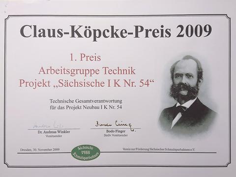 Urkunde für den 1. Preis des Claus-Köpcke-Preis 2009 für die Arbeitsgruppe Technik des Projekt „Sächsische I K Nr. 54“