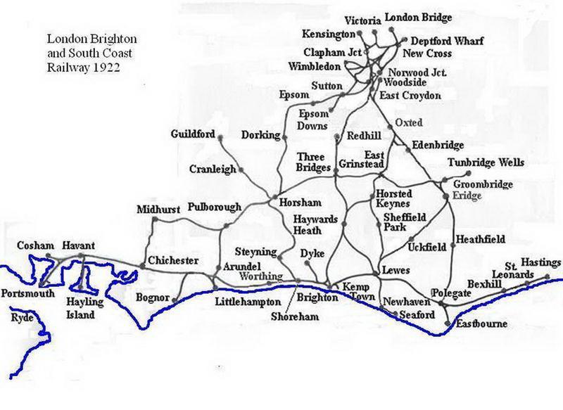 Karte der London Brigton and South Coast Railway, Stand 1922. Quelle: aus Wikimedia Commons, Datei: Lbscr1922.jpg, Urheber: Das48, Dez. 2008