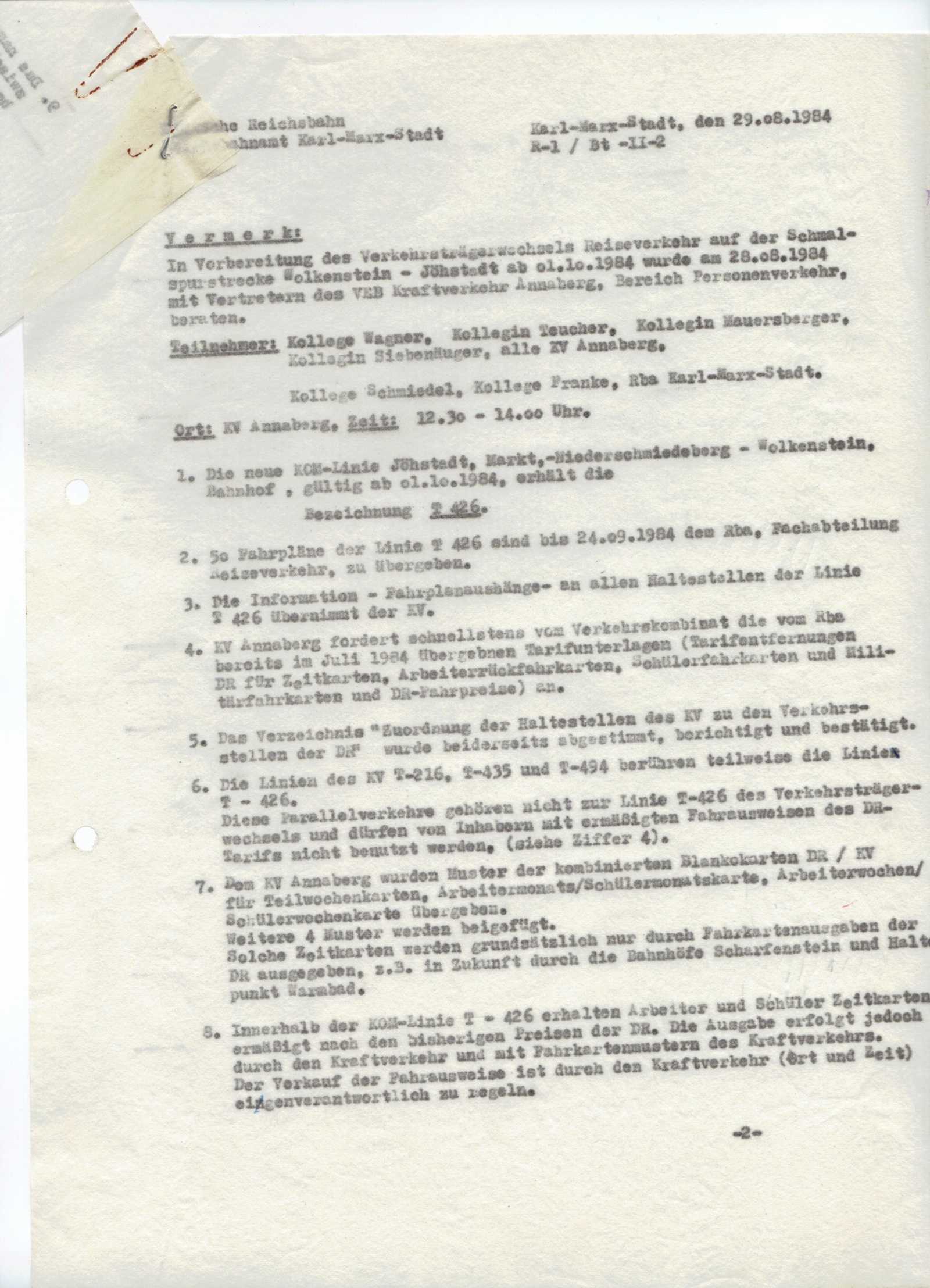 Ausschnitt aus einem Protokoll zu den Abstimmungen zum Verkehrsträgerwechsel vom 29.8.1984