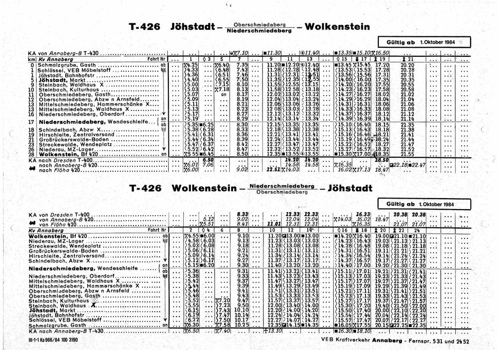 Der ab 1. Oktober gültige Fahrplan für die neue Buslinie T 426 von Wolkenstein nach Jöhstadt und Jöhstadt nach Wolkenstein.