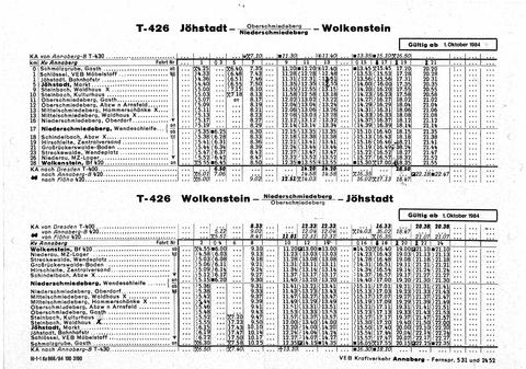 Der ab 1. Oktober gültige Fahrplan für die neue Buslinie T 426 von Wolkenstein nach Jöhstadt und Jöhstadt nach Wolkenstein.