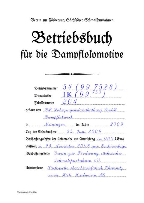 Deckblatt des Betriebsbuch für die Dampflokomotive I K Nr. 54 (99 7528).
