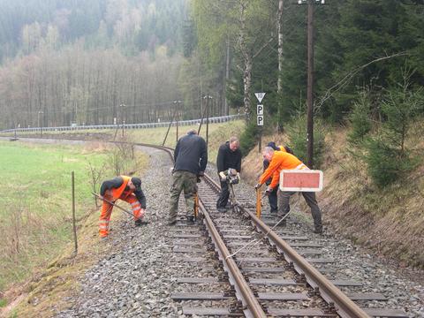 Gleisarbeiten im Streckenabschnitt zwischen dem Bahnübergang Straße nach Grumbach und dem Forellenhof.