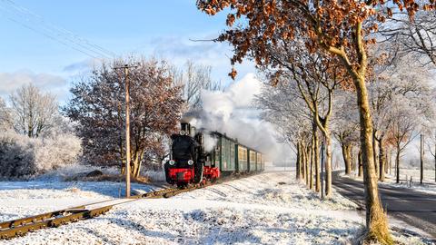 Mit dem ersten Zug des Tages nach Putbus war die Vulcan-Dampflok 53 Mh (99 4633) am 21. Dezember
2021 bei Posewald unterwegs.