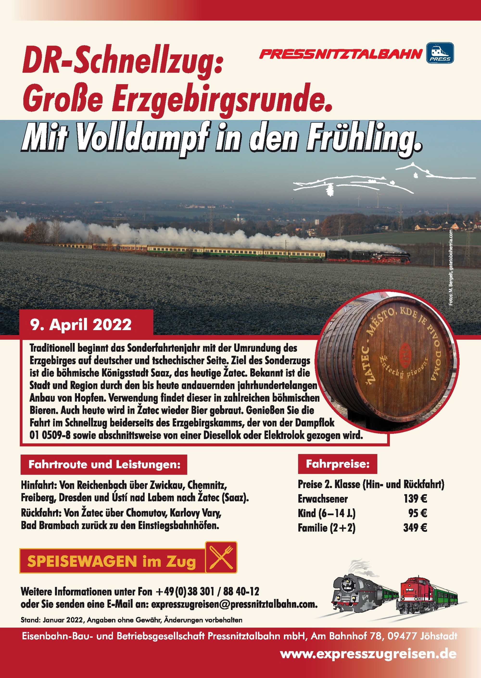 Veranstaltungsankündigung 9. April 2022: DR-Schnellzug: Große Erzgebirgsrunde. Mit Volldampf in den Frühling.