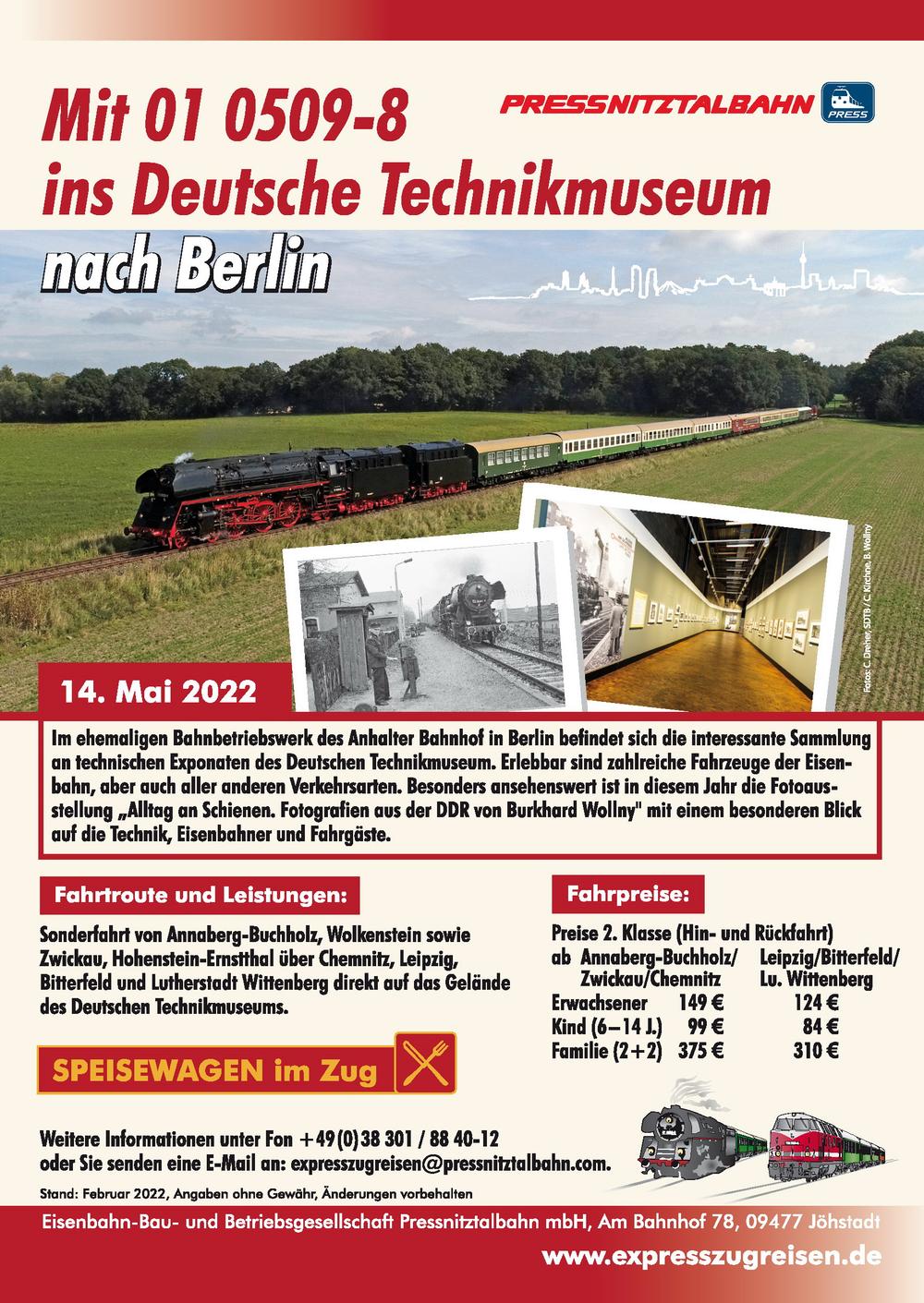 Veranstaltungsankündigung 14. Mai 2022: Mit 01 0509-8 ins Deutsche Technikmuseum nach Berlin
