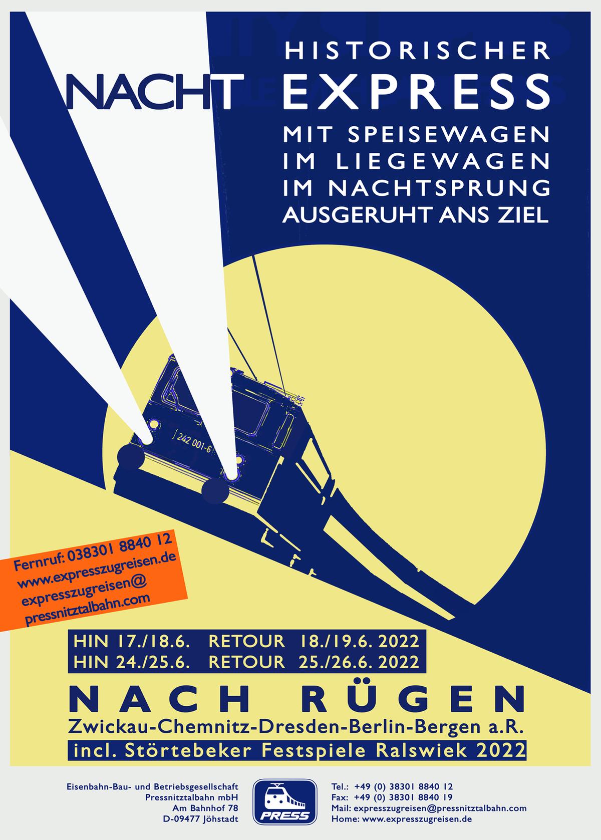 Veranstaltungsankündigung 17.-19. Juni und 24.-26. Juni: Historischer Nacht-Express nach Rügen