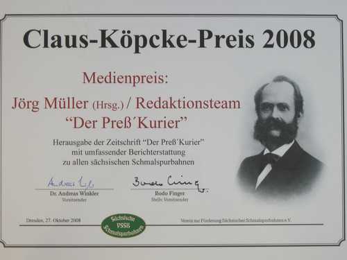 Urkunde des „Claus-Köpcke-Preis 2008 - Medienpreis“