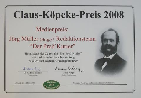 Urkunde des „Claus-Köpcke-Preis 2008 - Medienpreis“