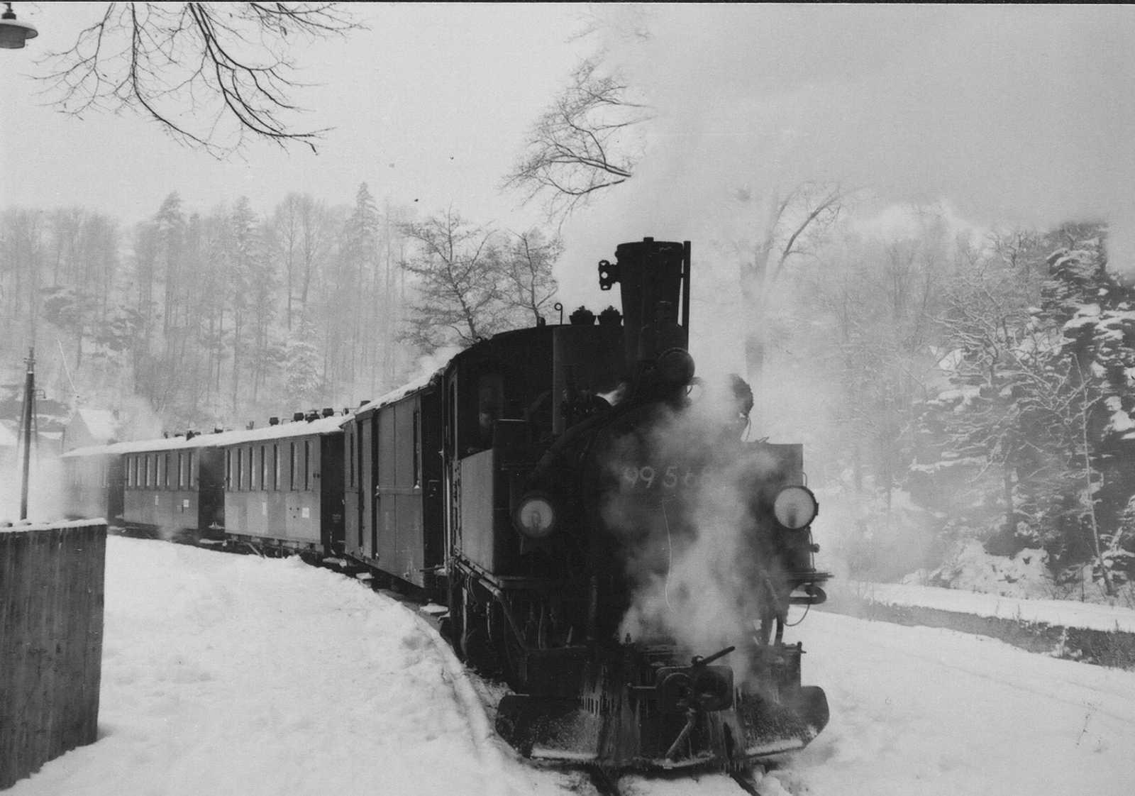 Erinnerungsfoto am Bahnsteig in Wolkenstein. 99 568 stand an der Lok angeschrieben und der Zug bestand aus einem Gepäckwagen und drei Personenwagen.
