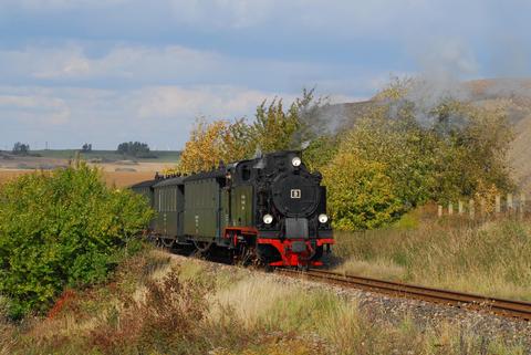 Lok 9 mit einem Personenzug von Hettstedt kommend in Richtung Dreieck Siersleben unterwegs.