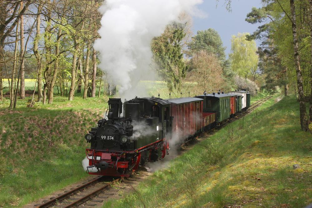 Im Wald vor Klenzenhof fährt 99 574 mit einem gemischten Zug nach Mesendorf.
