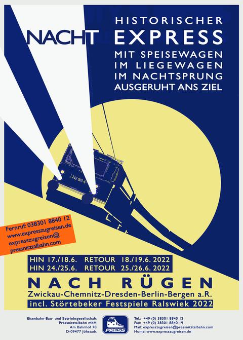 Veranstaltungsankündigung 18./19. Juni 2022 & 25./26. Juni 2022: Historischer Nachtexpress mit Speisewagen nach Rügen