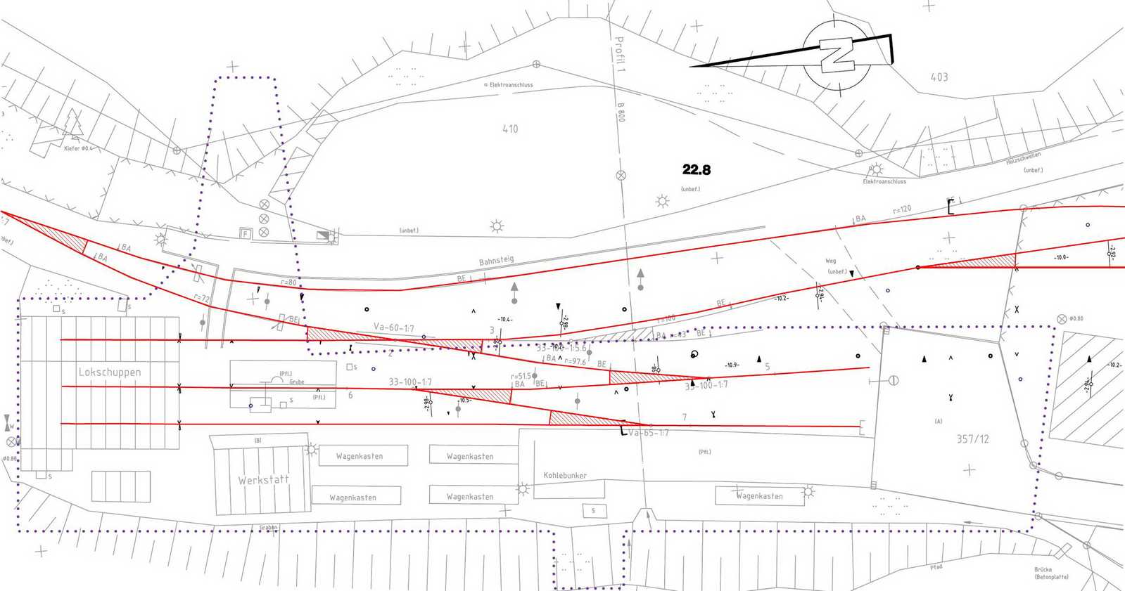 Lageplan des nördlichen Teils des Bahnhofs Jöhstadt: Bestandsplan der Gleise vor dem Lokschuppen mit Kennzeichnung des Betrachtungsumfanges für diesen Bauabschnitt.