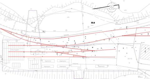 Lageplan des nördlichen Teils des Bahnhofs Jöhstadt: Bestandsplan der Gleise vor dem Lokschuppen mit Kennzeichnung des Betrachtungsumfanges für diesen Bauabschnitt.