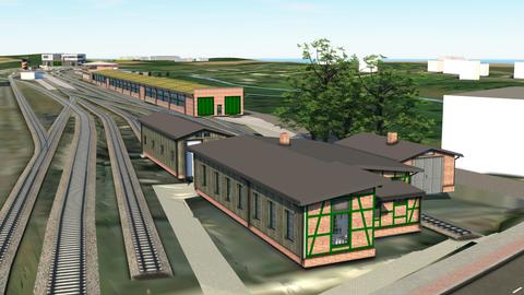 Wie auf dieser Planungsvisualisierung soll der Bahnhof Putbus einmal aussehen. Dann werden eine Fahrzeughalle und im Hintergrund eine Betriebswerkstatt die im historischen Stil erneuerten Gebäude ergänzen.