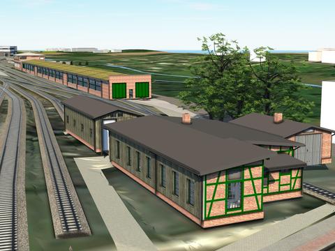 Wie auf dieser Planungsvisualisierung soll der Bahnhof Putbus einmal aussehen. Dann werden eine Fahrzeughalle und im Hintergrund eine Betriebswerkstatt die im historischen Stil erneuerten Gebäude ergänzen.