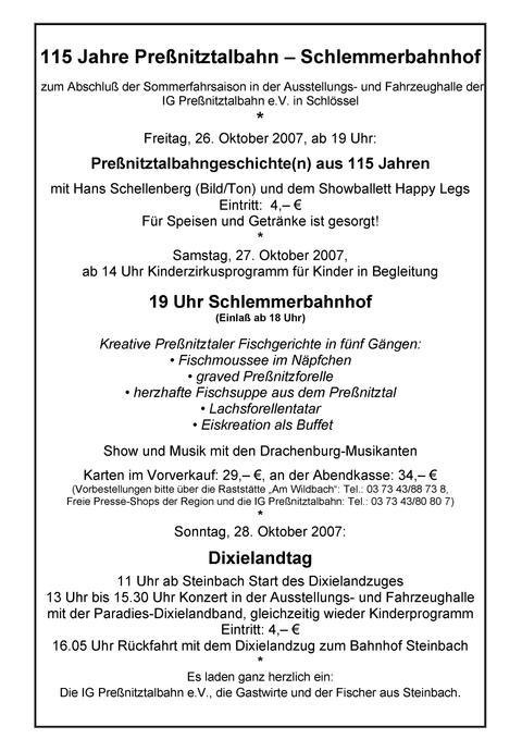 Veranstaltungsankündigung „26.-28. Oktober 2007: Schlemmerbahnhof und Dixilandtag bei der Preßnitztalbahn“