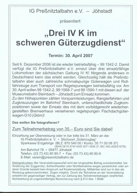 Veranstaltungsankündigung 30. April 2007: Foto-Güterzugveranstaltung „Drei IV K im schweren Güterzugdienst“