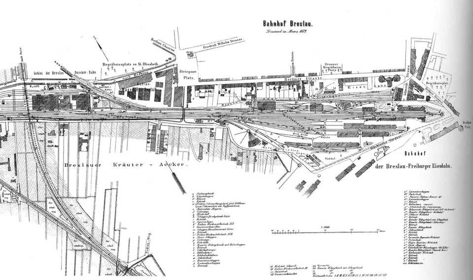 Lageplan des Bahnhofes Breslau mit Darstellung des Standes vom März 1879