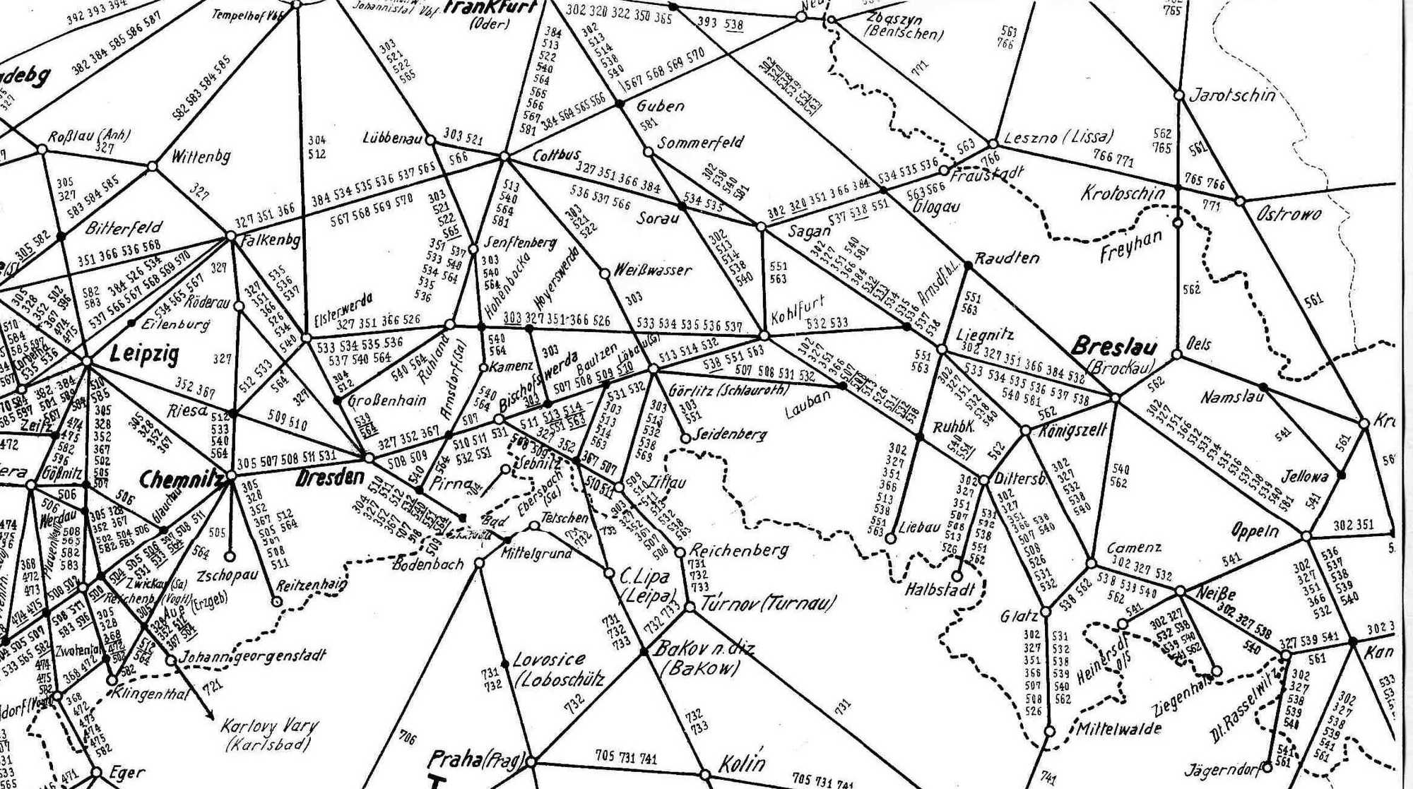 Ausschnitt aus der Übersichtskarte zum Güterkursbuch (GKb) für den Frachtladungsverkehr der Eisenbahnen Deutschlands mit Fokus auf das engmaschige Eisenbahnnetz zwischen Schlesien und Sachsen.