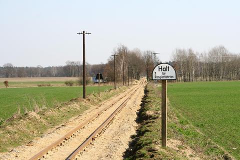 Nach dem „Einkiesen“ des Neubaugleises zwischen Vettin und Lindenberg entstand am 25. März diese Aufnahme mit den kurz zuvor aufgestellten Telegrafenmasten (für den Zugmeldebetrieb).