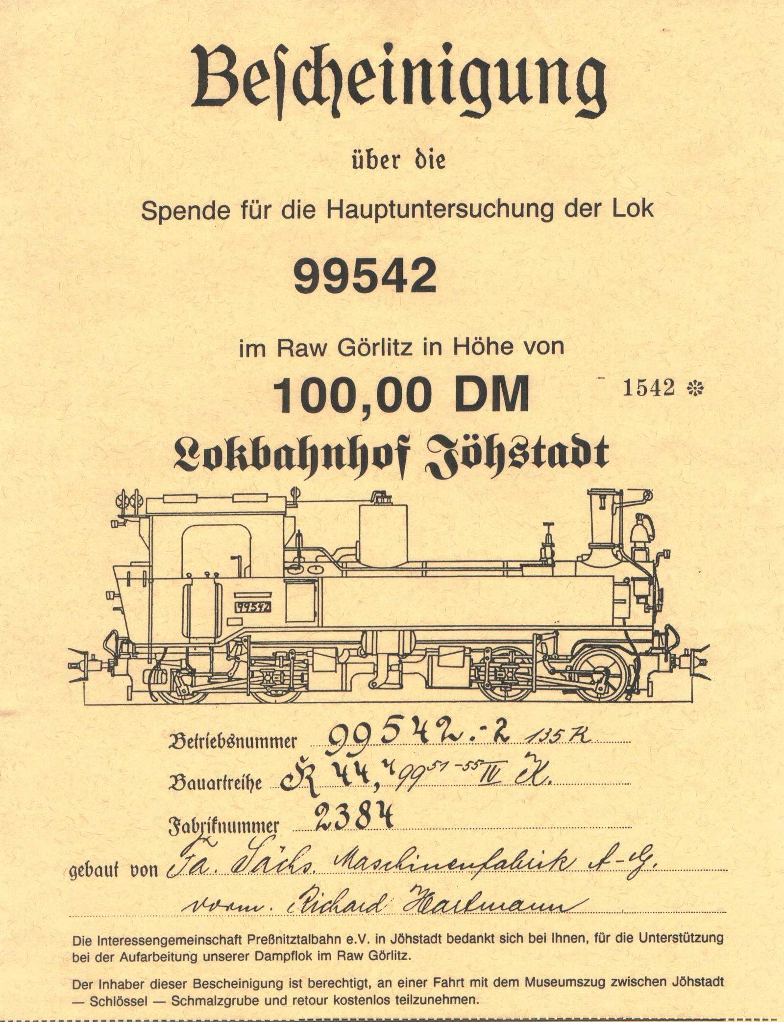 Zertifikat der ersten Spendenaktion des Vereins zur Finanzierung der Hauptuntersuchung der Lok 99 542.