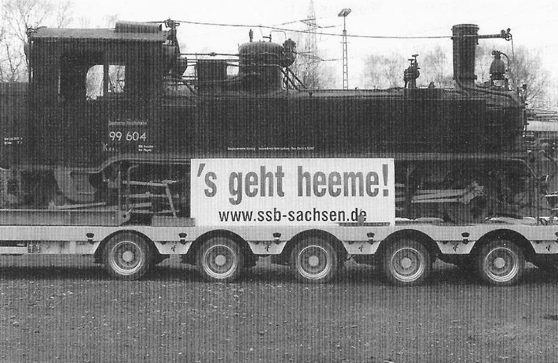 Die vom VSSB in Bochum-Dahlhausen gekaufte 99 604 wurde auf dem Tieflader der Jöhstädter PRESS GmbH am 17./18. Januar nach Sachsen zurückgebracht.