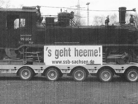 Die vom VSSB in Bochum-Dahlhausen gekaufte 99 604 wurde auf dem Tieflader der Jöhstädter PRESS GmbH am 17./18. Januar nach Sachsen zurückgebracht.