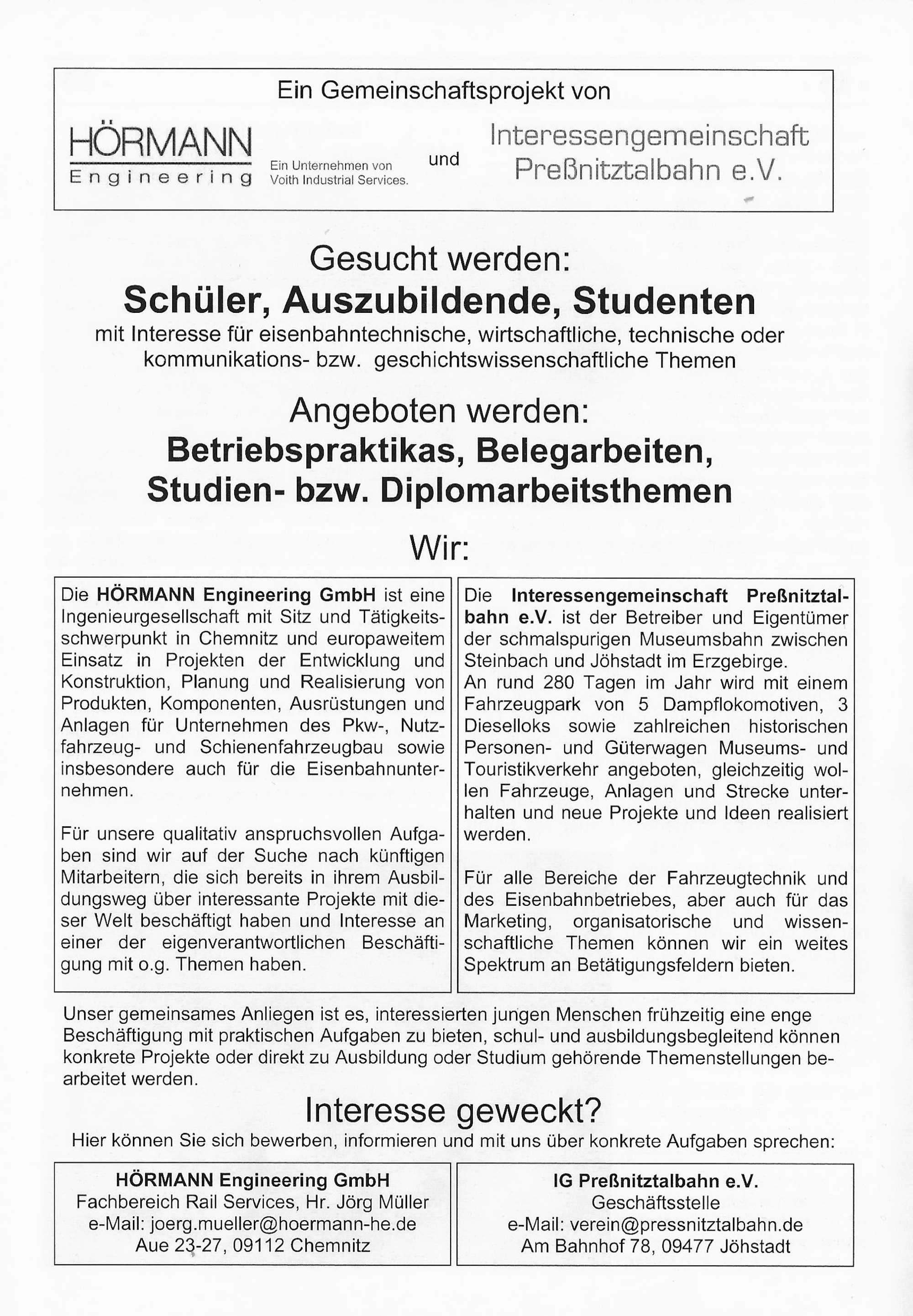 Angebot für Praktikas bzw. Beleg-/Studien- oder Diplomarbeiten in Zusammenarbeit mit der Preßnitztalbahn