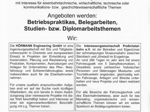 Angebot für Praktikas bzw. Beleg-/Studien- oder Diplomarbeiten in Zusammenarbeit mit der Preßnitztalbahn