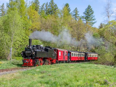 In den vergangenen Jahren wurde die Mallet-Lok 99 5906-5 nur selten eingesetzt – am 15. Mai 2022 ging die letzte betriebsfähige Lok dieser Bauart bei den Harzer Schmalspurbahnen in den Ruhestand. Richard Geertz fotografierte sie zuvor noch am 14. Mai 2022 zwischen Silberhütte und Straßberg.