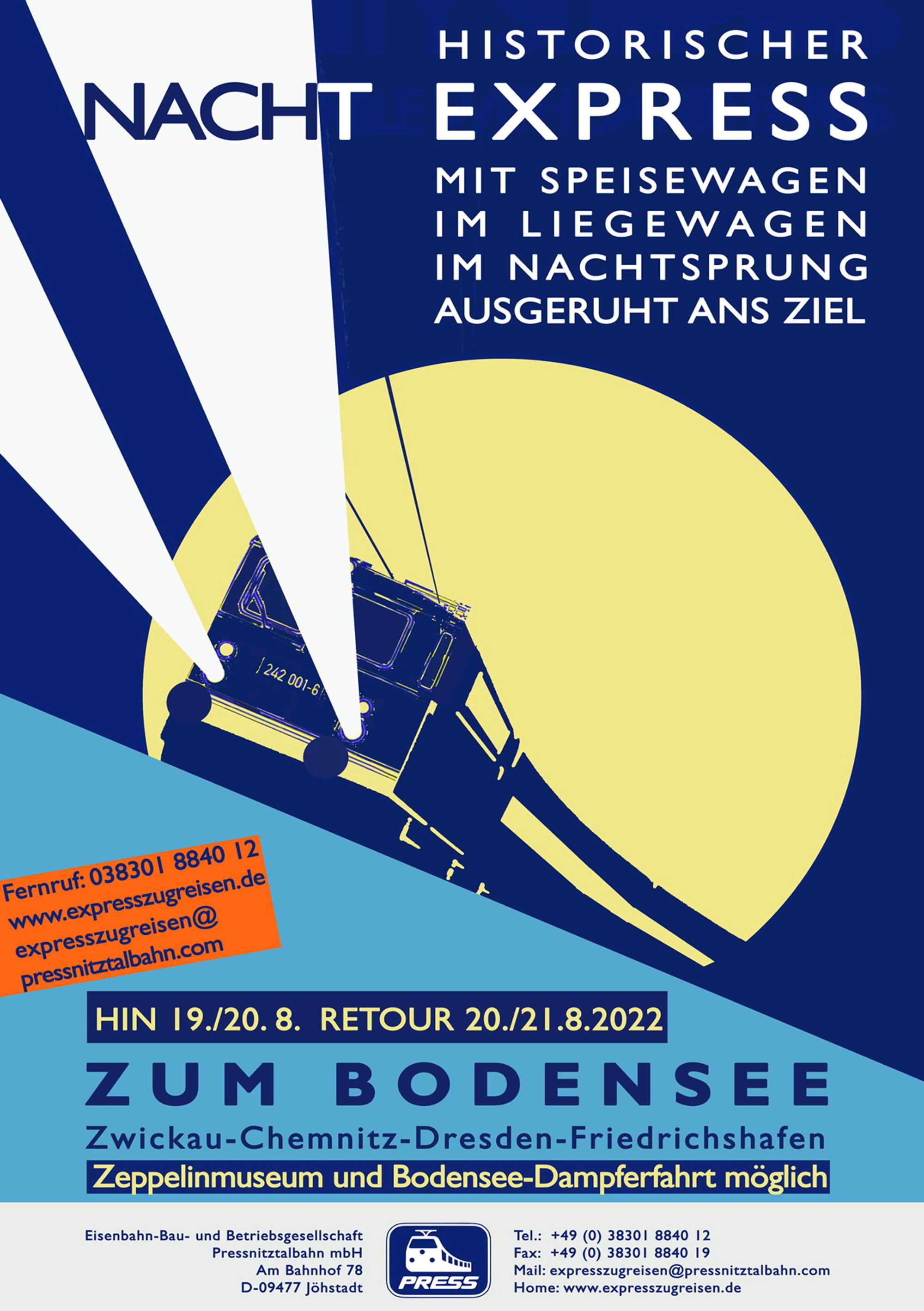 Veranstaltungsankündigung 19.-21. August: Historischer NachtExpress zum Bodensee