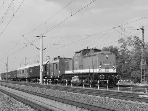 Im Werksanschluß des Schienenfahrzeugwerkes Delitzsch steht am 30. September 2006 die 203 505 der Pressnitztalbahn mit dem VSE-Museumszug für die Rückfahrt bereit.