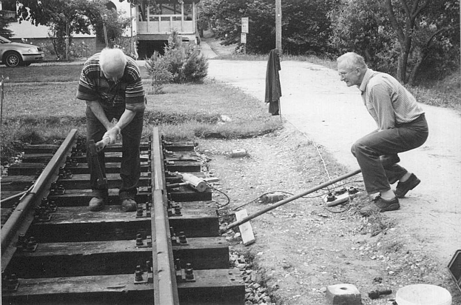 Am 28. Juni 2006 waren Wilfried Irmisch und Rolf Helbig gerade damit beschäftigt, im Bereich des einstigen Hp. Niedermülsen ein kurzes Stück Gleis wieder aufzubauen.