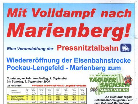 Veranstaltungsankündigung 1.-3. September 2006: Mit Volldampf nach Marienberg! Wiedereröffnung der Eisenbahnstrecke Pockau-Lengefeld - Marienberg zum Tag der Sachsen 2006
