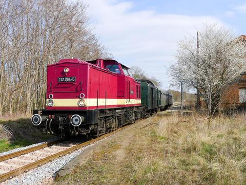 Die Staßfurter Diesellok 112 364-5 verkehrte anlässlich des Frühjahrsfestes mit einem Sonderzug zwischen Staßfurt und Egeln, hier beim Halt in Groß Börnecke.