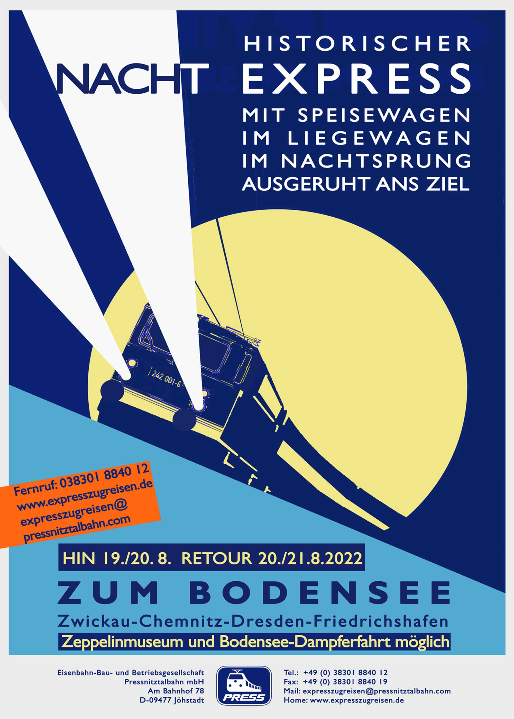 Veranstaltungsankündigung „19./20. August & Retour 20./21. August: Historischer Nachtexpress zum Bodensee“