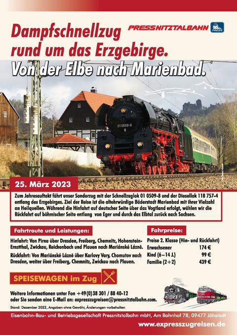 Veranstaltungsankündigung: 25. März 2023: Dampfschnellzug rund um das Erzgebirge | Von der Elbe nach Marienbad