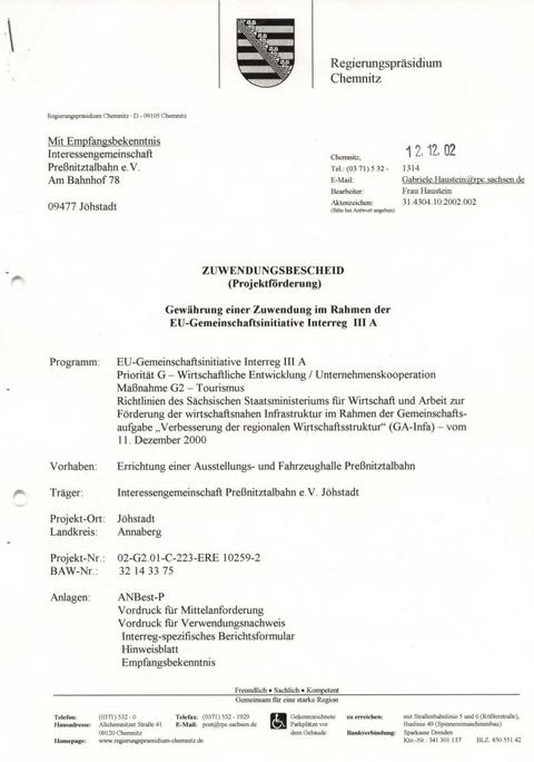 Deckblatt des Zuwendungsbescheides für die Projektförderung zur „Errichtung einer Ausstellungs- und Fahrzeughalle Preßnitztalbahn“