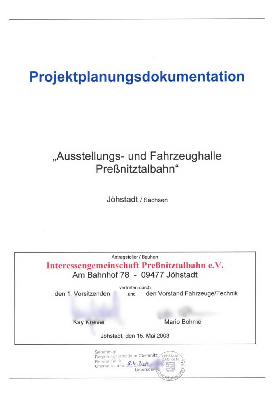 Deckblatt der „Projektplanungsdokumentation“ zur Erlangung der Plangenehmigung.