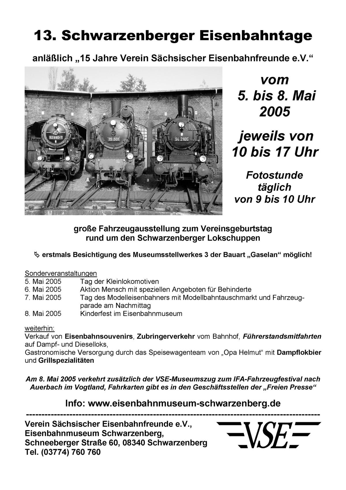 Veranstaltungsankündigung 5. bis 8. Mai 2005: 13. Schwarzenberger Eisenbahntage