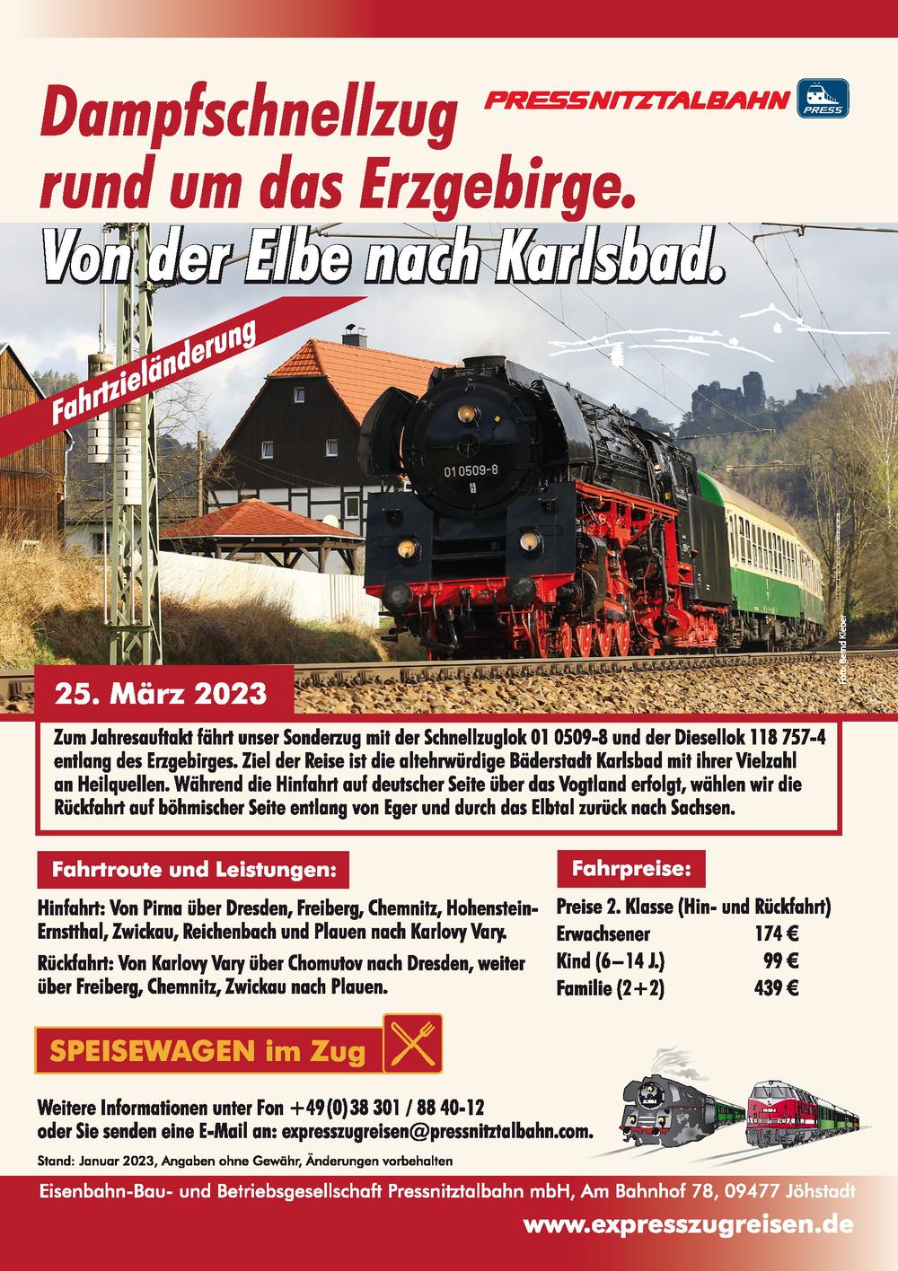 Veranstaltungsankündigung 25. März 2023: Dampfschnellzug rund um das Erzgebirge | Von der Elbe nach Karlsbad.