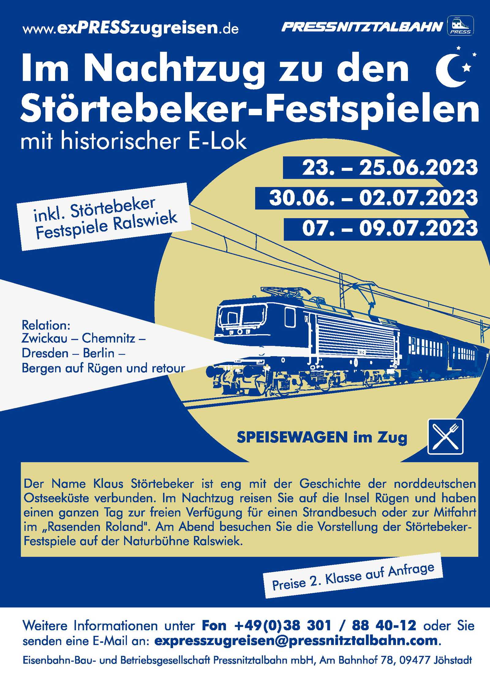 Veranstaltungsankündigung 23.-25. Juni / 30. Juni-2. Juli / 7.-9. Juli: Im Nachtzug zu den Störtebecker-Festspielen mit historischer E-Lok