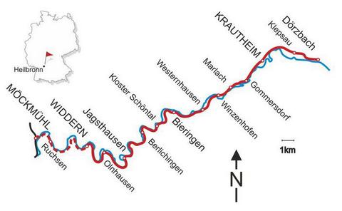 Karte der alten Jagsttalbahn, die u. a. im Abschnitt Möckmühl – Widdern demontiert und bis auf den erneuerten Bahnhofsbereich von Dörzbach nicht mehr befahrbar ist.
Grafik: Stefan Haag
