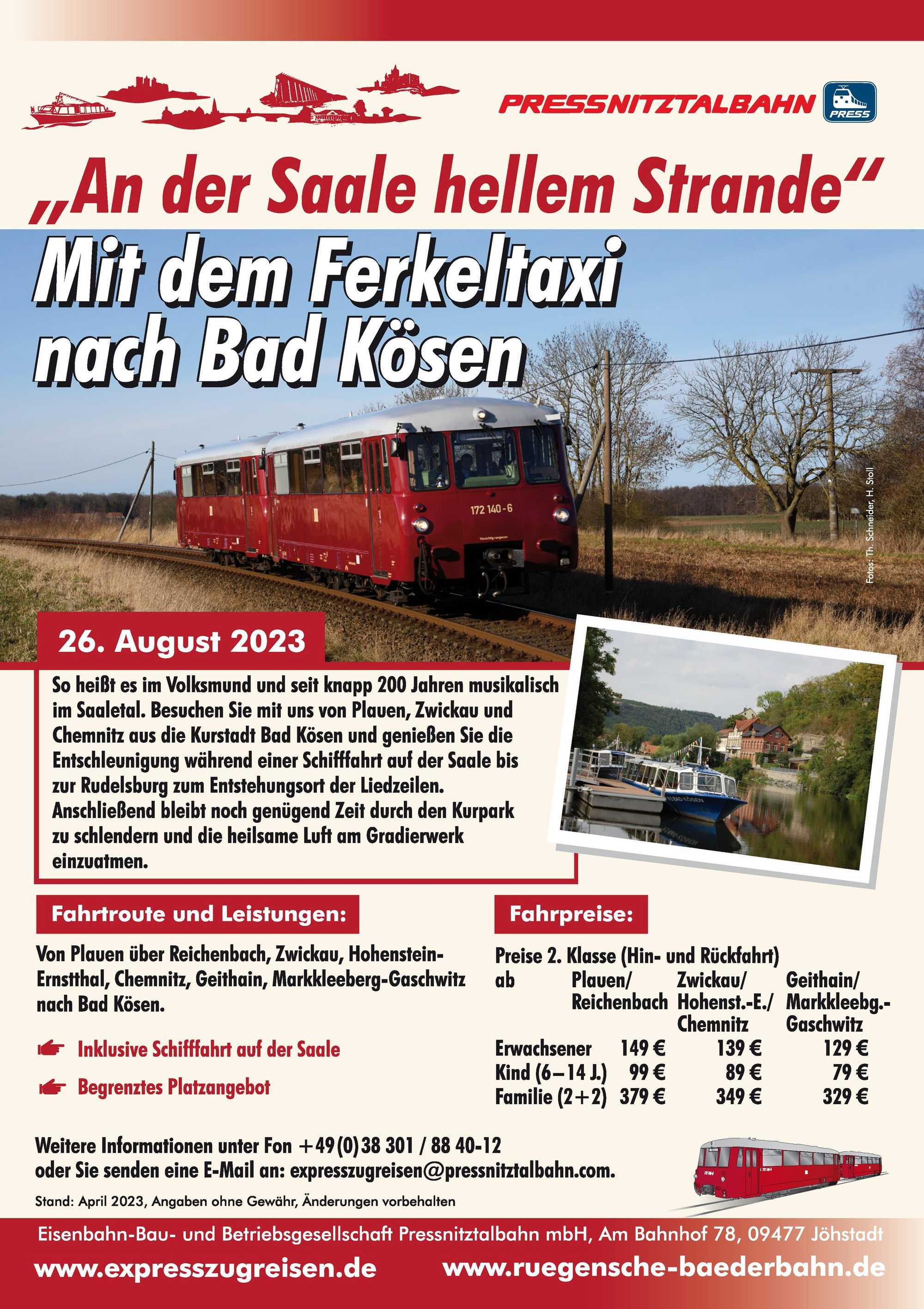 Veranstaltungsankündigung 25. August 2023: „An der Saale hellem Strande“ - Mit dem Ferkeltaxi nach Bad Kösen