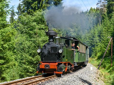 Die I K Nr. 54 ist im Jahr 2022 an vier Wochenenden im „kleinen Zweizugbetrieb“ auf der Preßnitztalbahn im Einsatz. Thomas Poth lichtete so einen Zug am 24. Juli kurz vor dem Hp Loreleifelsen ab.