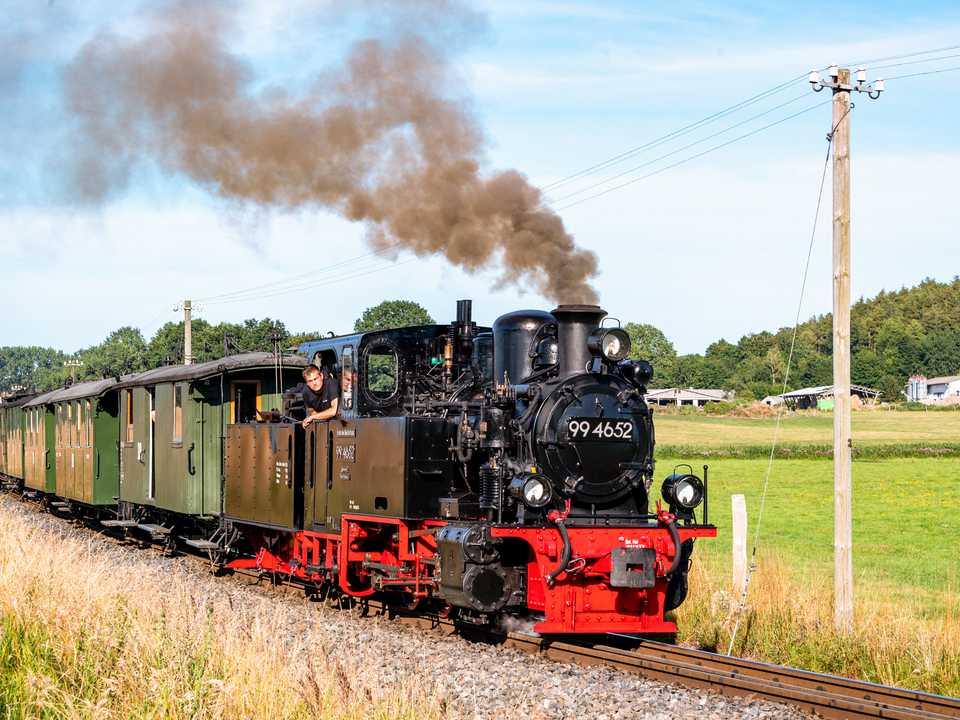 Die Dampflok 99 4652 pendelte vom 28. bis 31. Juli mit dem „Zweiachserzug“ zwischen Putbus und Binz, wo es Anschluss an den regulären Bäderzugpendel Göhren – Binz gab. Das Foto entstand am 30. Juli bei Serams.