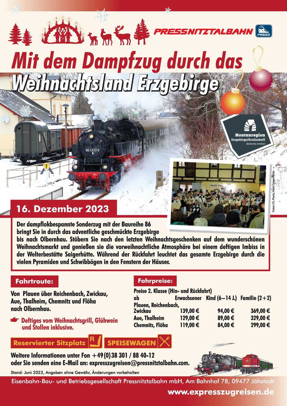 Veranstaltungsankündigung 16. Dezember 2023: Mit dem Dampfzug durch das Weihnachtsland Erzgebirge