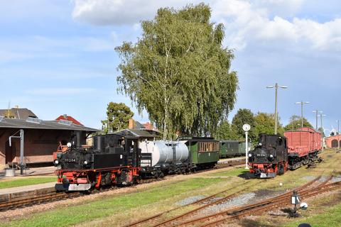 Im Bahnhof Mügeln gaben sich der von 99 584 geführte Foto-Sprengzug und ein Güterzug am 17. September 2022 dieses Stelldichein. Die nicht betriebsfähige 99 574 war dazu vor die Rollwagen rangiert worden.